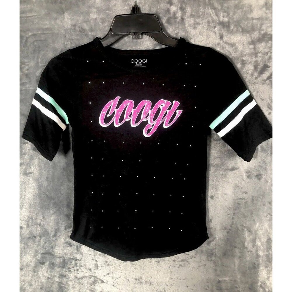 Coogi Girls Black Rhinestone Logo T-Shirt Size 14/16 Cotton/Polyester Blend